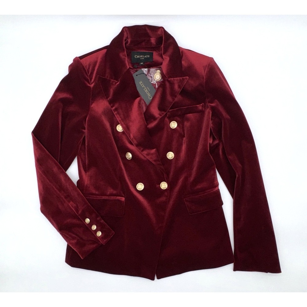 CHOKLATE PARIS Burgundy Velvet Blazer Gold Buttons Women's French Sz 40 (US 8)‎